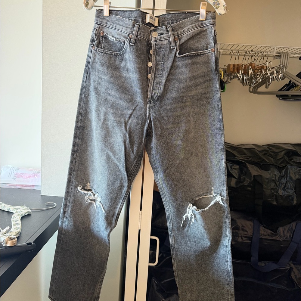 Agolde Washed Gray High-Rise Button-Fly Jeans